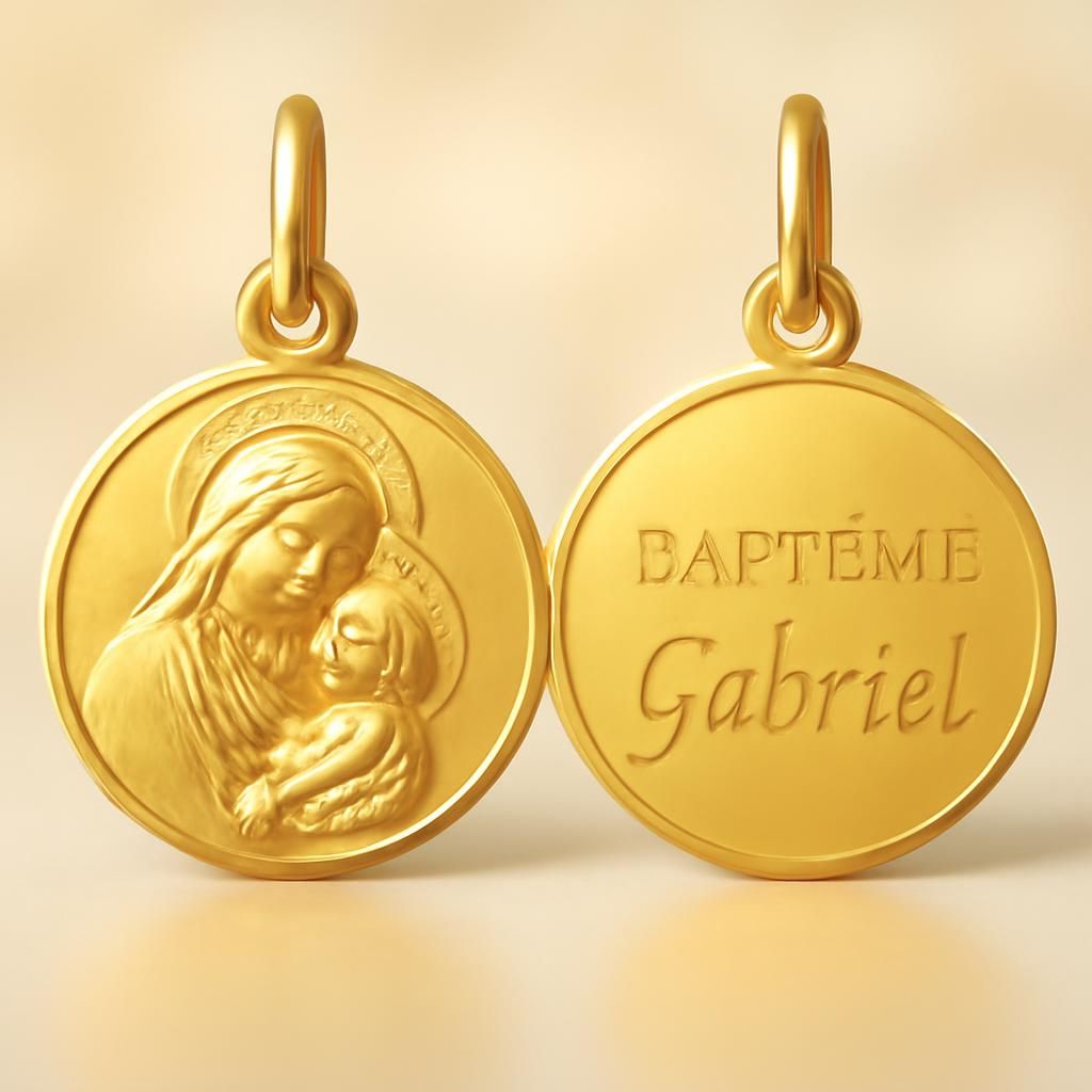 découvrez si vous pouvez graver une médaille de baptême des deux côtés, recto et verso, pour personnaliser ce cadeau symbolique.